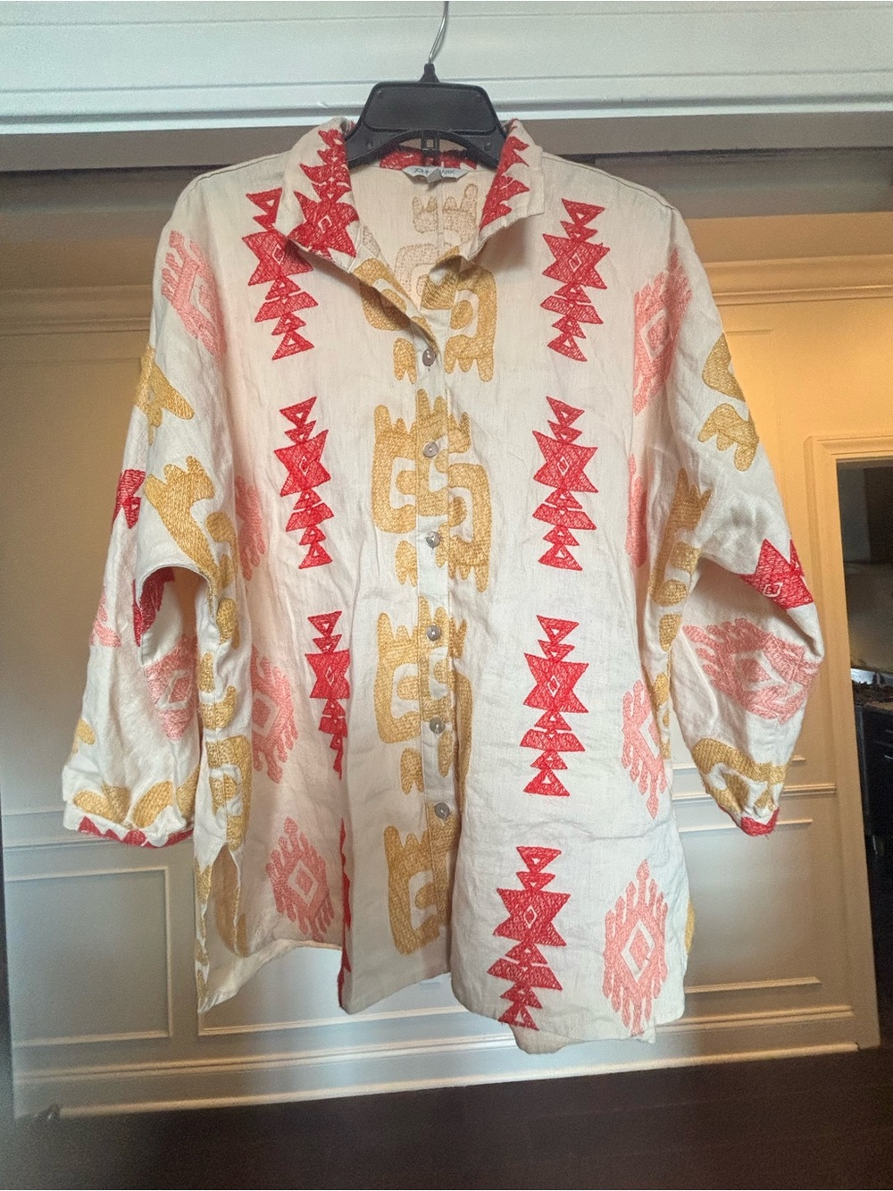 John Mark Embroidered Boho Linen Button Down Shirt Blouse - Size Medium